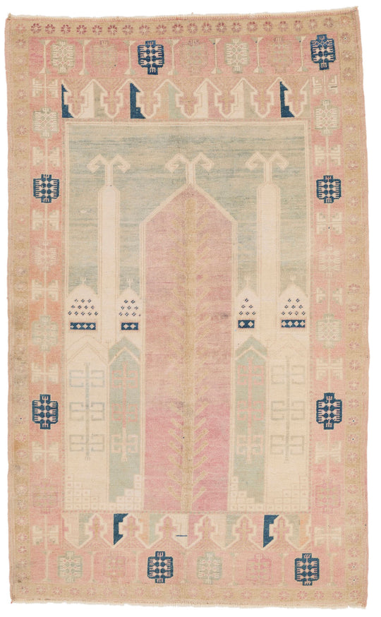 4x7 Beige and Pink Turkish Tribal Rug