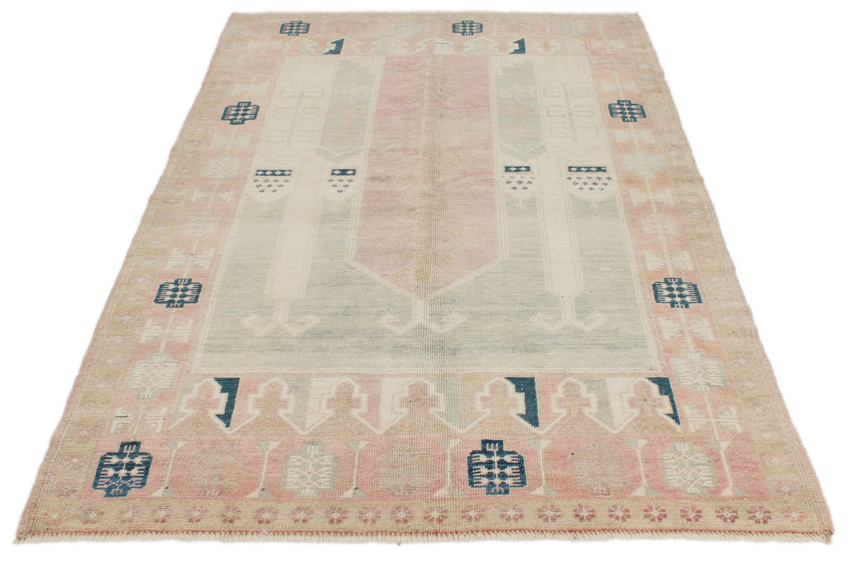 4x7 Beige and Pink Turkish Tribal Rug