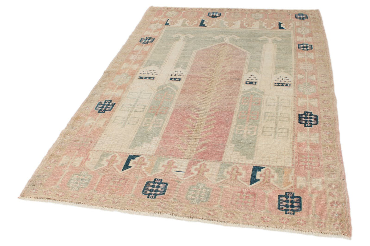 4x7 Beige and Pink Turkish Tribal Rug
