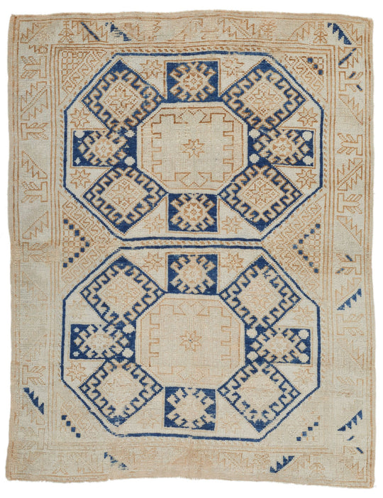 4x5 Beige and Navy Turkish Tribal Rug