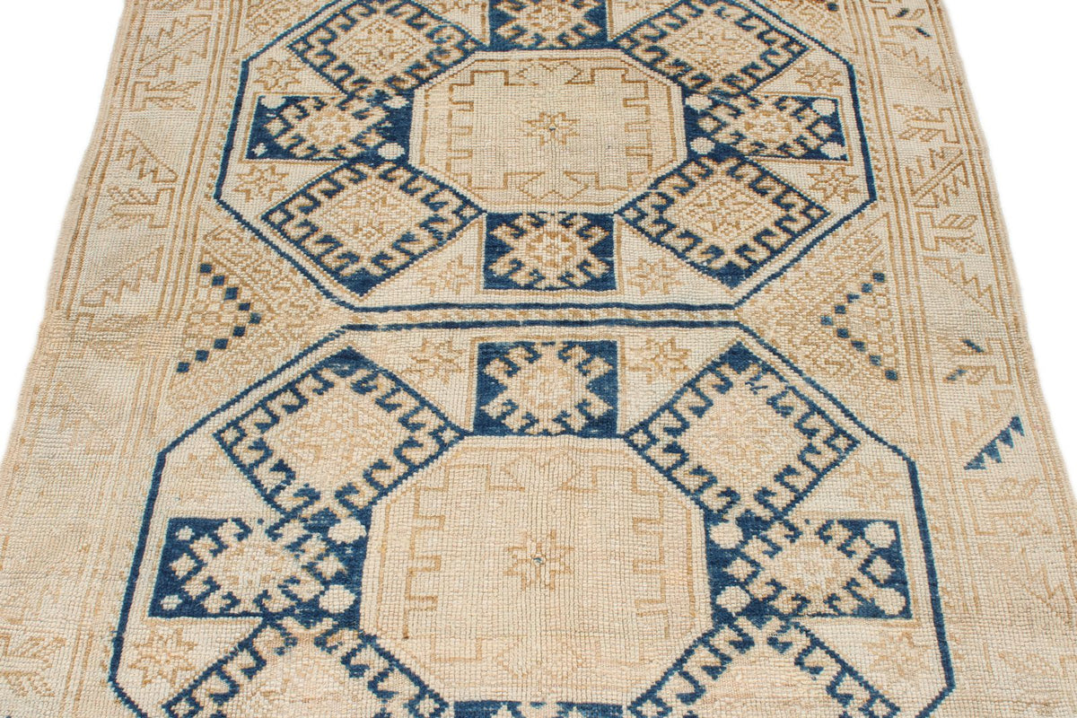 4x5 Beige and Navy Turkish Tribal Rug