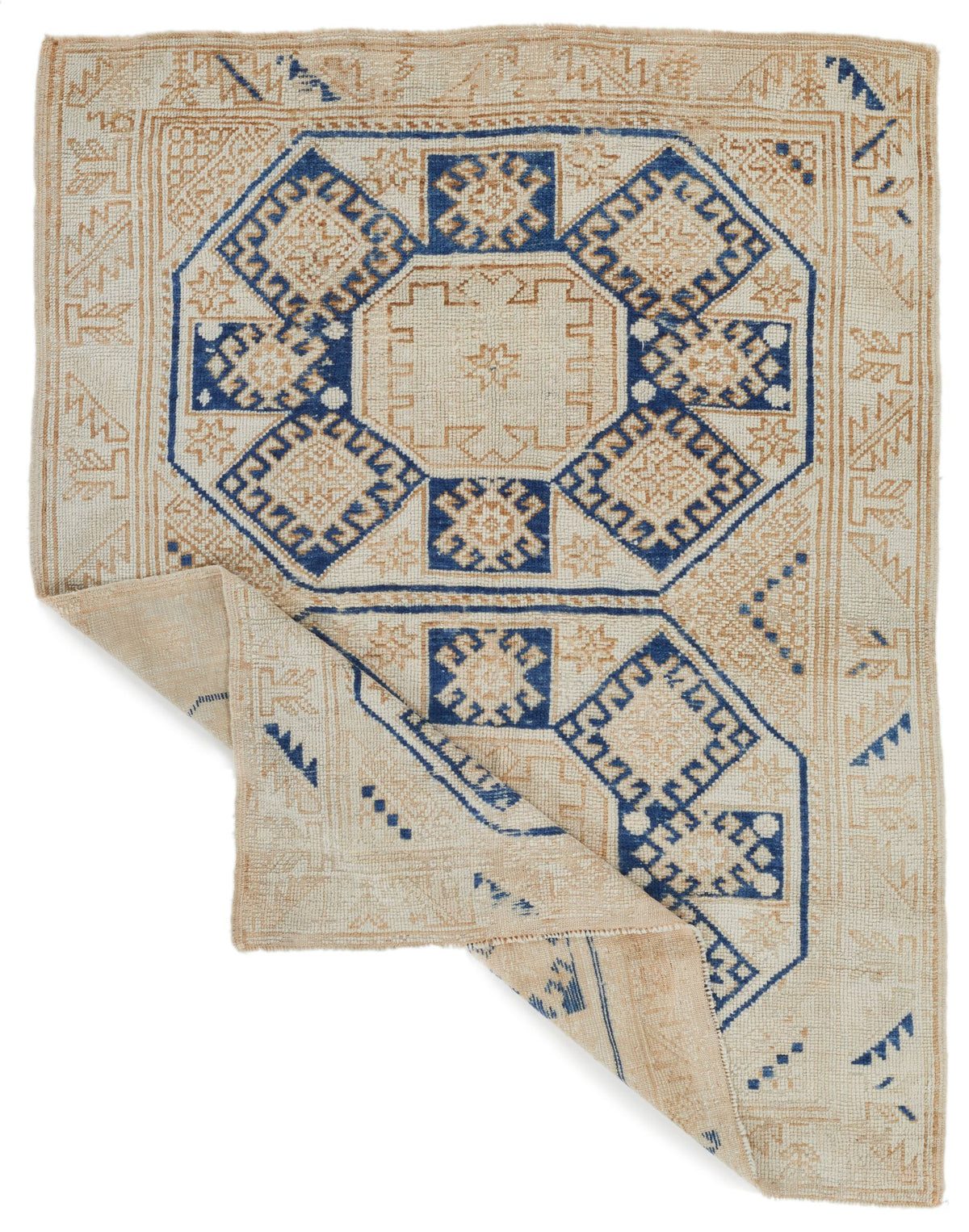 4x5 Beige and Navy Turkish Tribal Rug