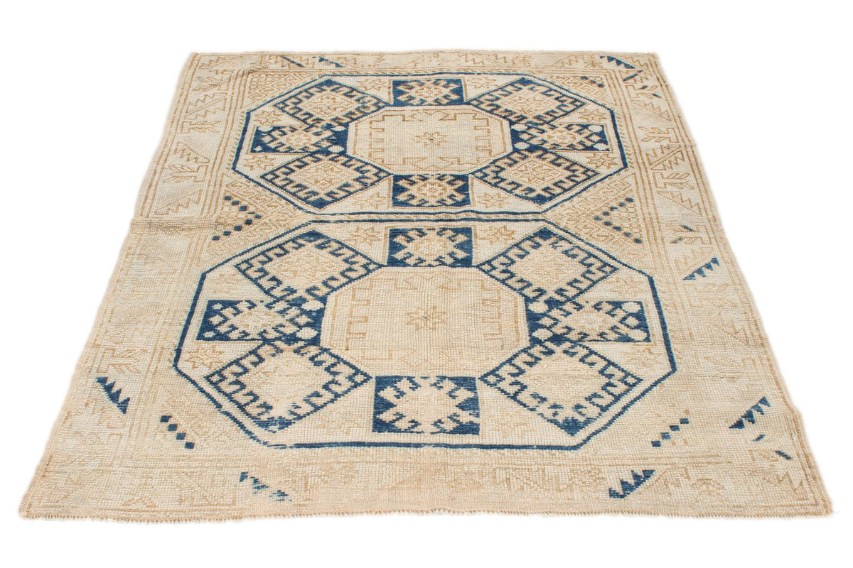 4x5 Beige and Navy Turkish Tribal Rug