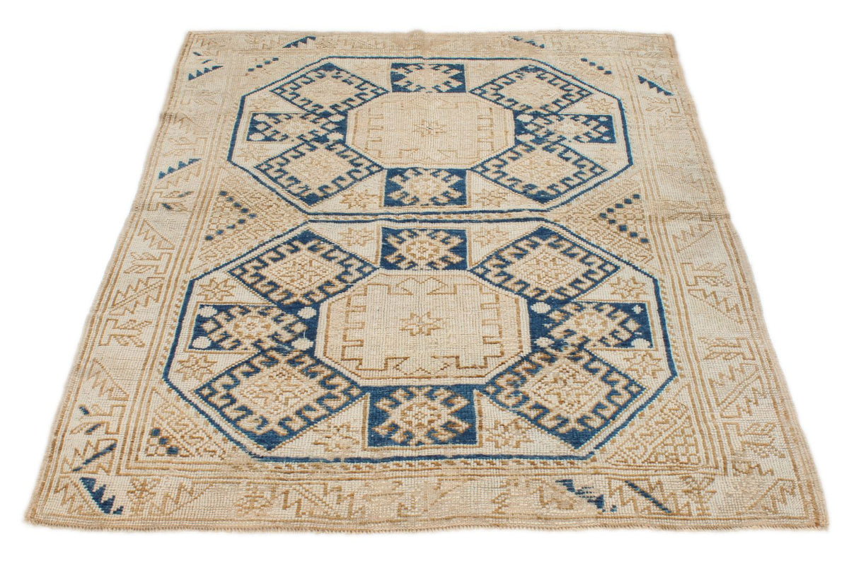 4x5 Beige and Navy Turkish Tribal Rug