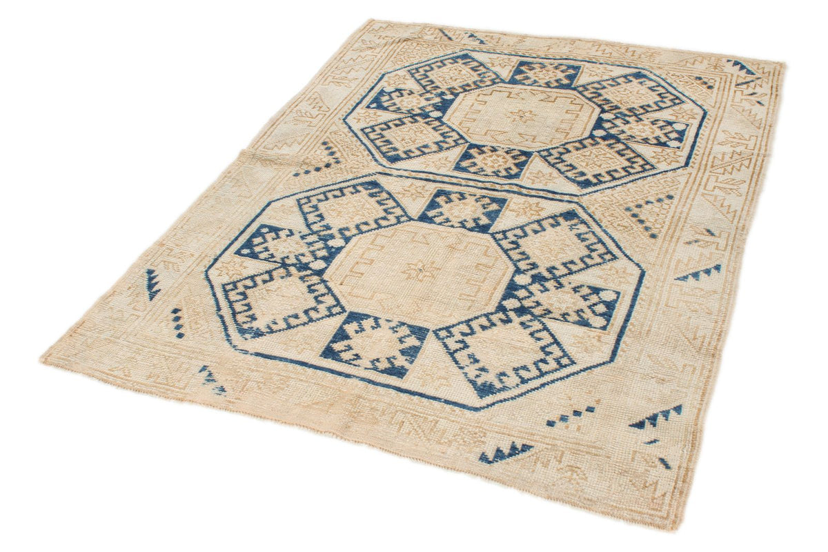 4x5 Beige and Navy Turkish Tribal Rug