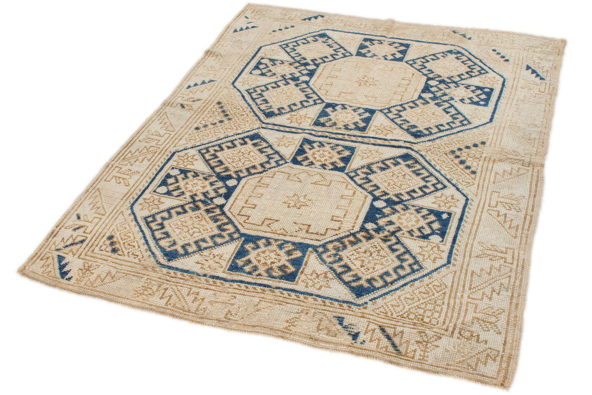 4x5 Beige and Navy Turkish Tribal Rug