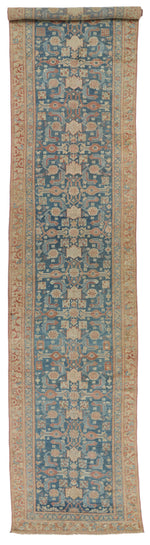 Vintage Handmade 3x16 Navy and Green Persian Malayer Distressed Area Runner