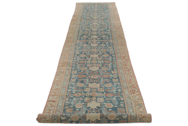 Vintage Handmade 3x16 Navy and Green Persian Malayer Distressed Area Runner