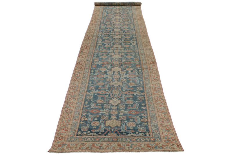 Vintage Handmade 3x16 Navy and Green Persian Malayer Distressed Area Runner