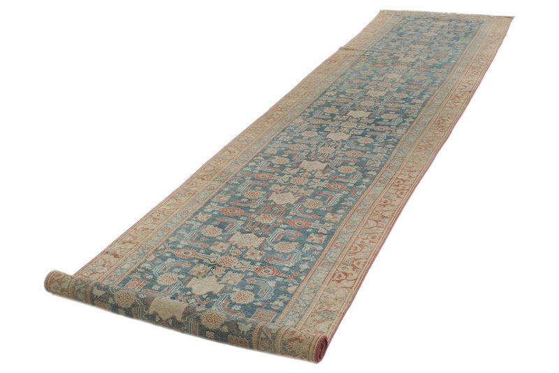 Vintage Handmade 3x16 Navy and Green Persian Malayer Distressed Area Runner