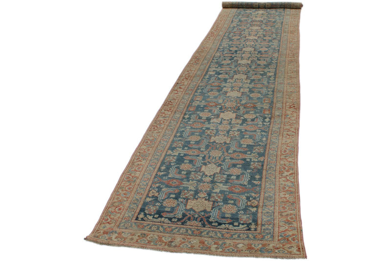 Vintage Handmade 3x16 Navy and Green Persian Malayer Distressed Area Runner
