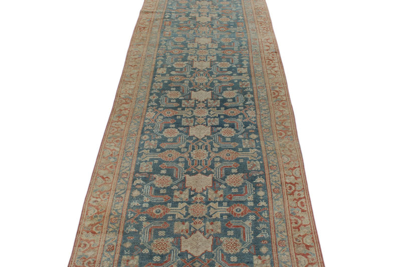 Vintage Handmade 3x16 Navy and Green Persian Malayer Distressed Area Runner