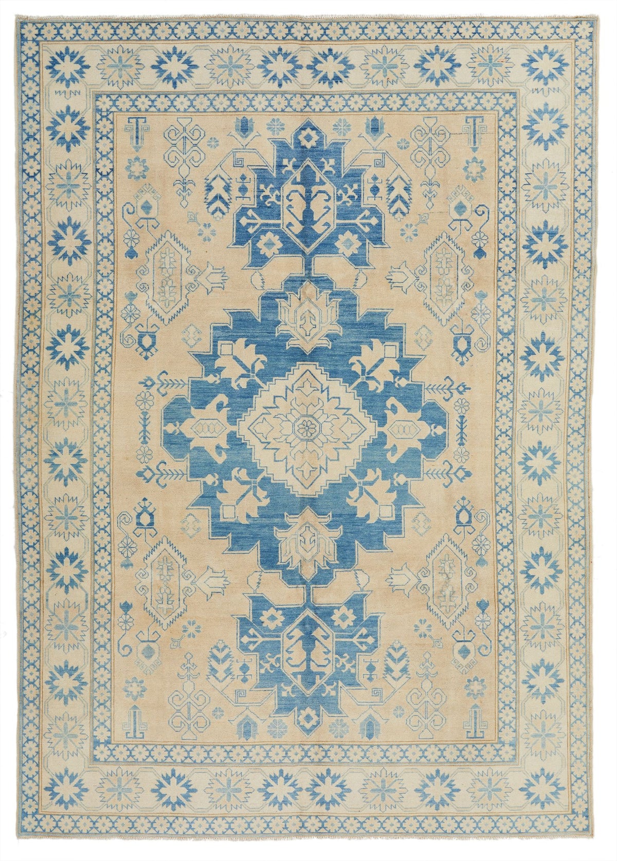 7x10 Beige and Blue Kazak Tribal Rug