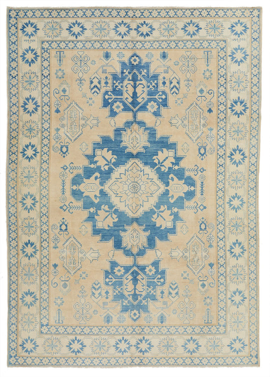 7x10 Beige and Blue Kazak Tribal Rug