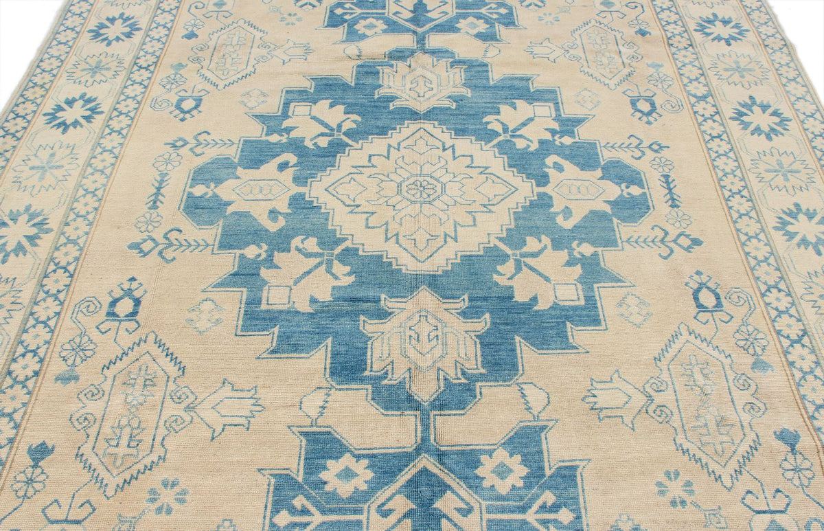 7x10 Beige and Blue Kazak Tribal Rug