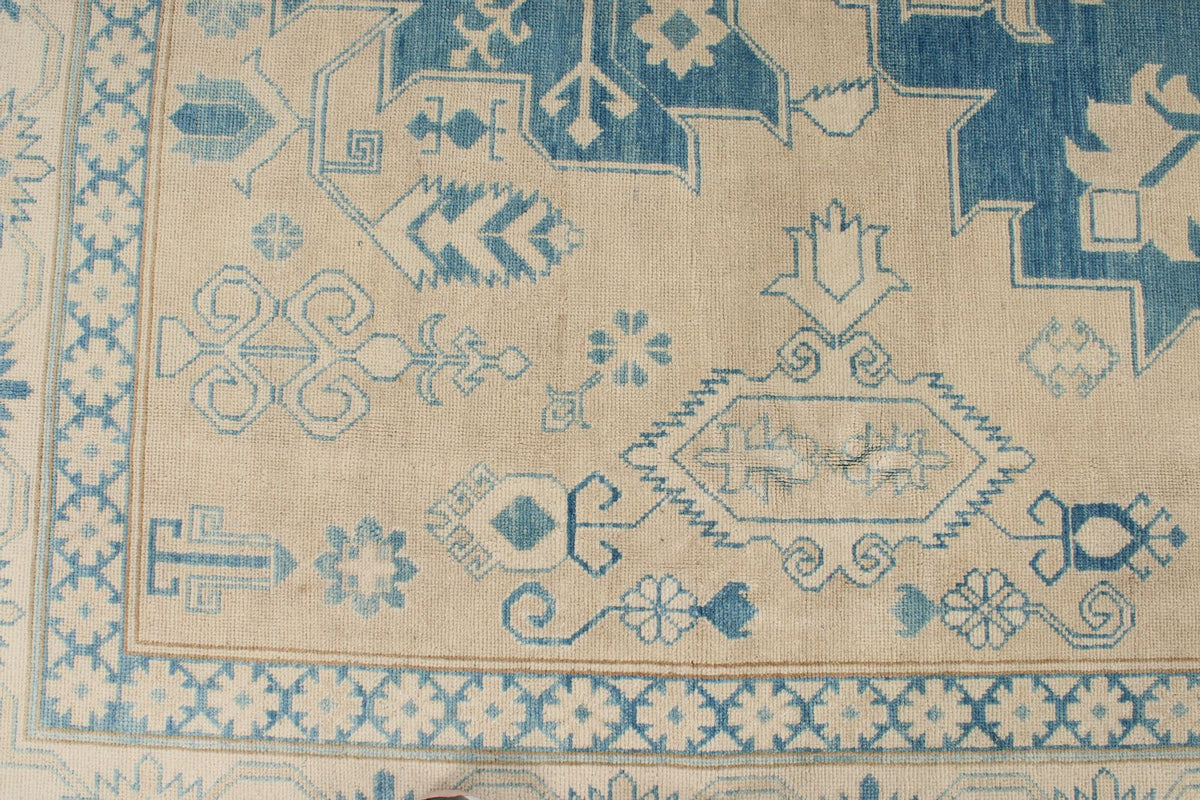 7x10 Beige and Blue Kazak Tribal Rug