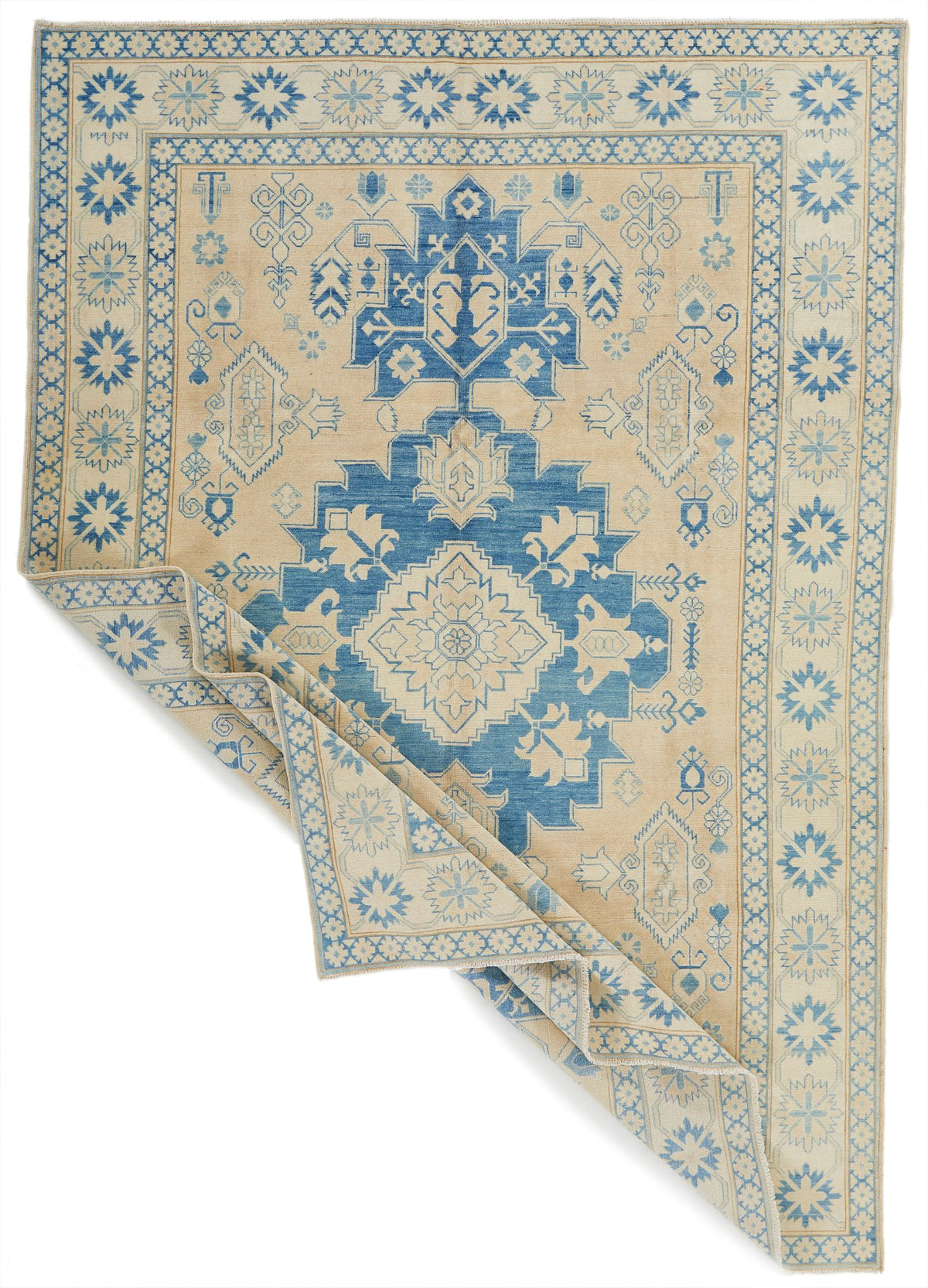 7x10 Beige and Blue Kazak Tribal Rug