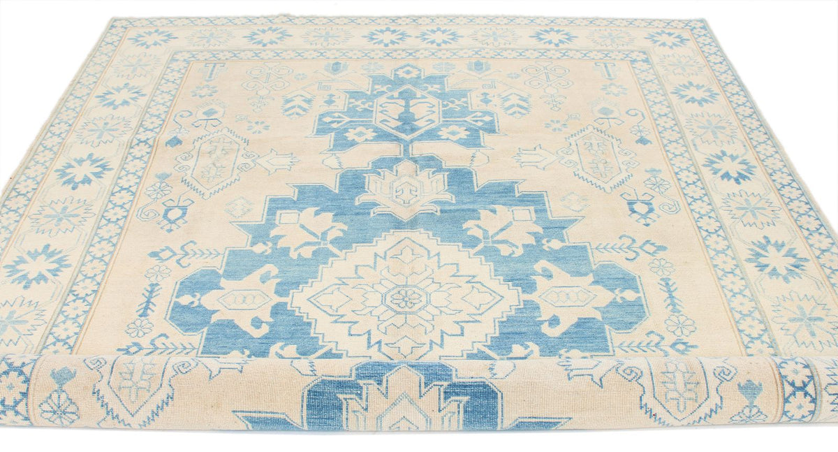7x10 Beige and Blue Kazak Tribal Rug