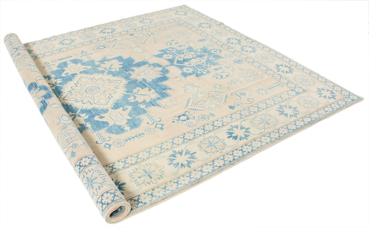 7x10 Beige and Blue Kazak Tribal Rug