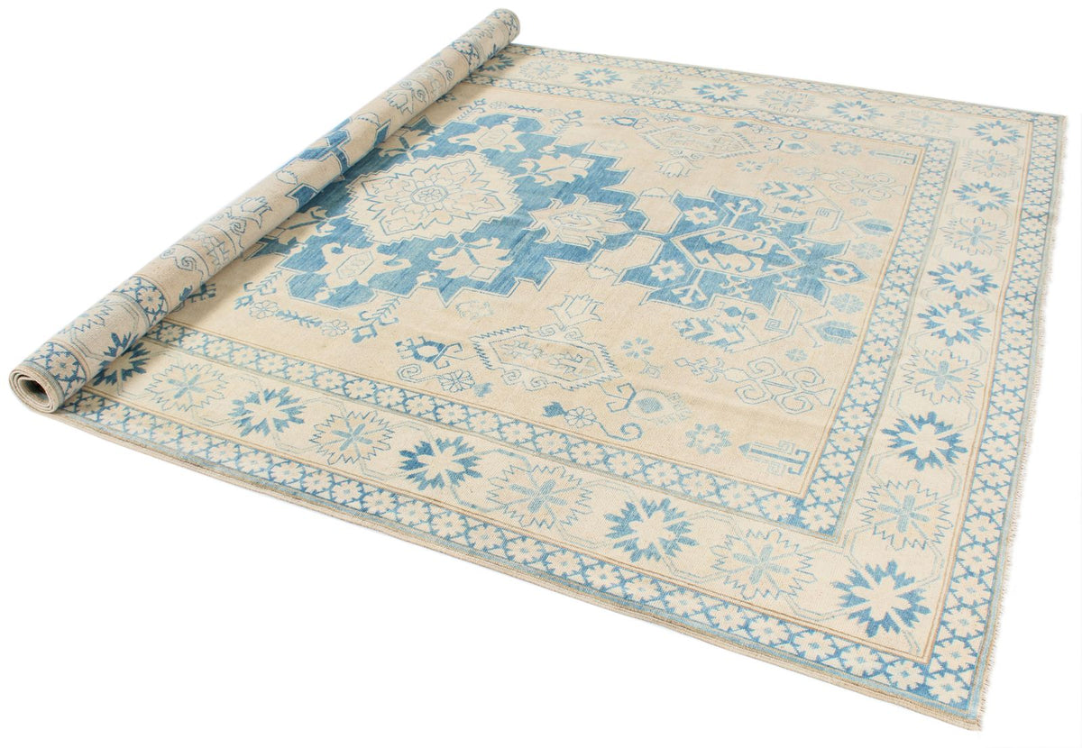 7x10 Beige and Blue Kazak Tribal Rug
