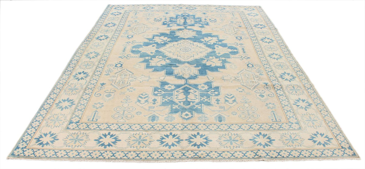 7x10 Beige and Blue Kazak Tribal Rug