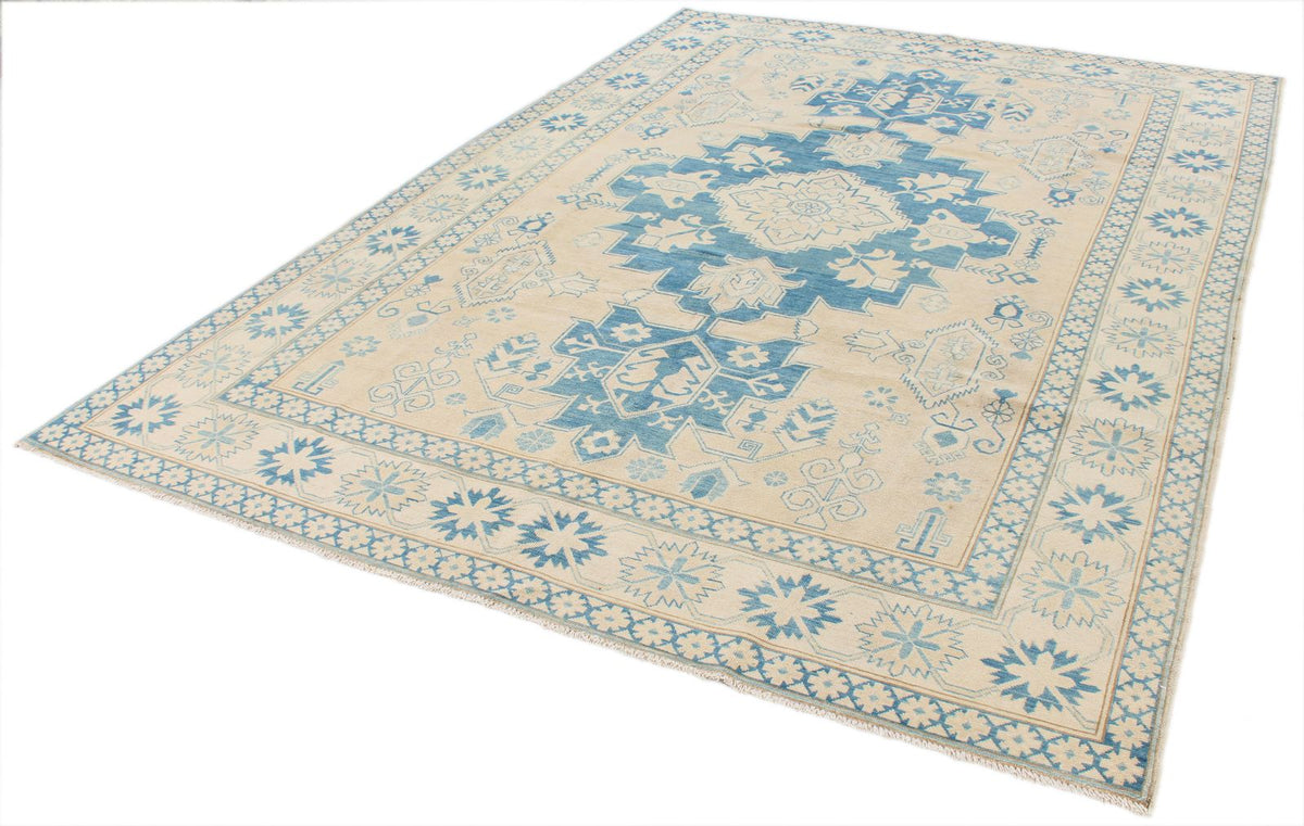7x10 Beige and Blue Kazak Tribal Rug