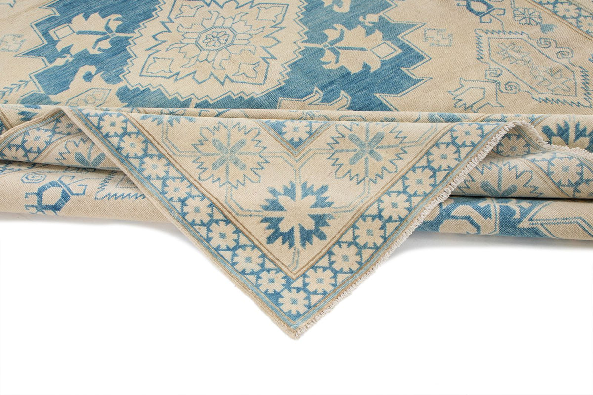 7x10 Beige and Blue Kazak Tribal Rug