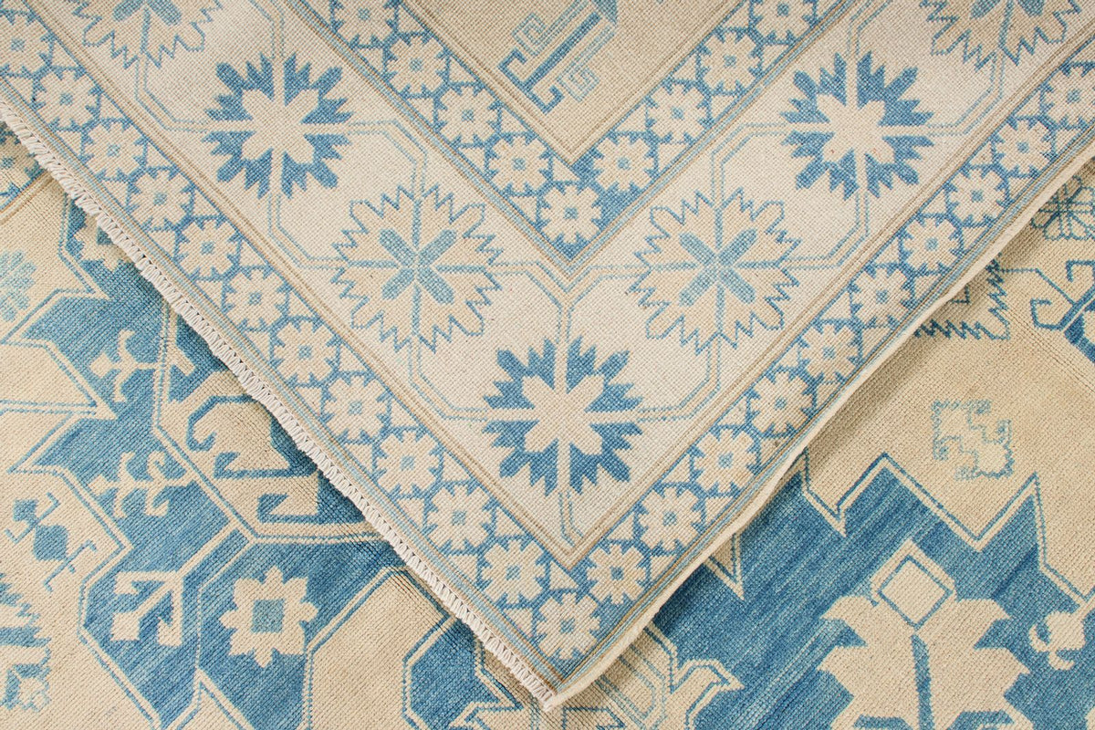 7x10 Beige and Blue Kazak Tribal Rug