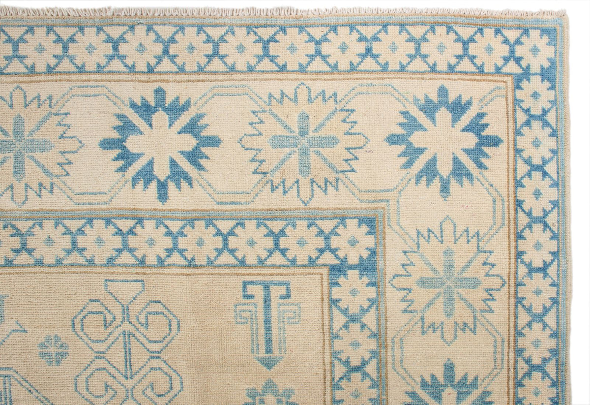 7x10 Beige and Blue Kazak Tribal Rug
