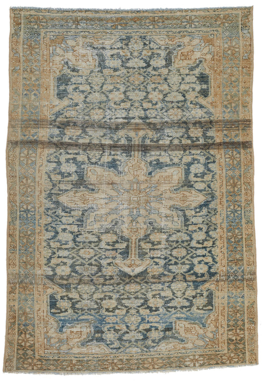 4x6 Beige and Blue Persian Tribal Rug