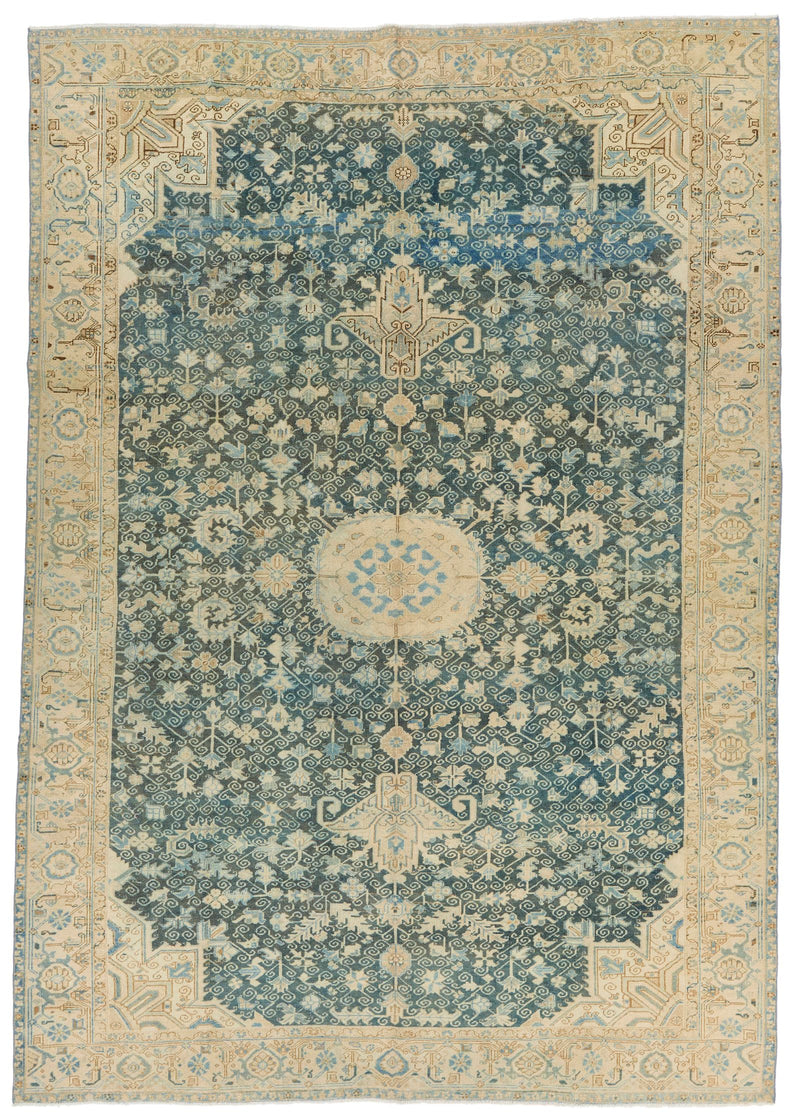 9x13 Blue and Beige Turkish Tribal Rug