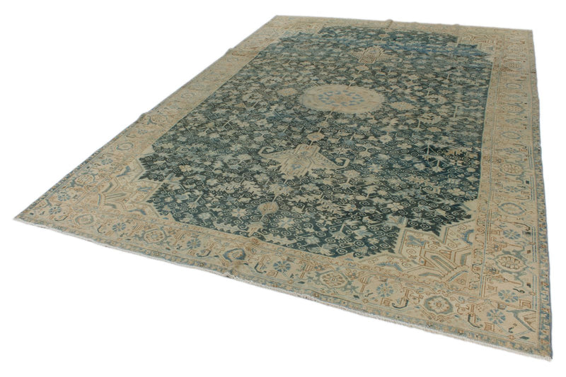 9x13 Blue and Beige Turkish Tribal Rug