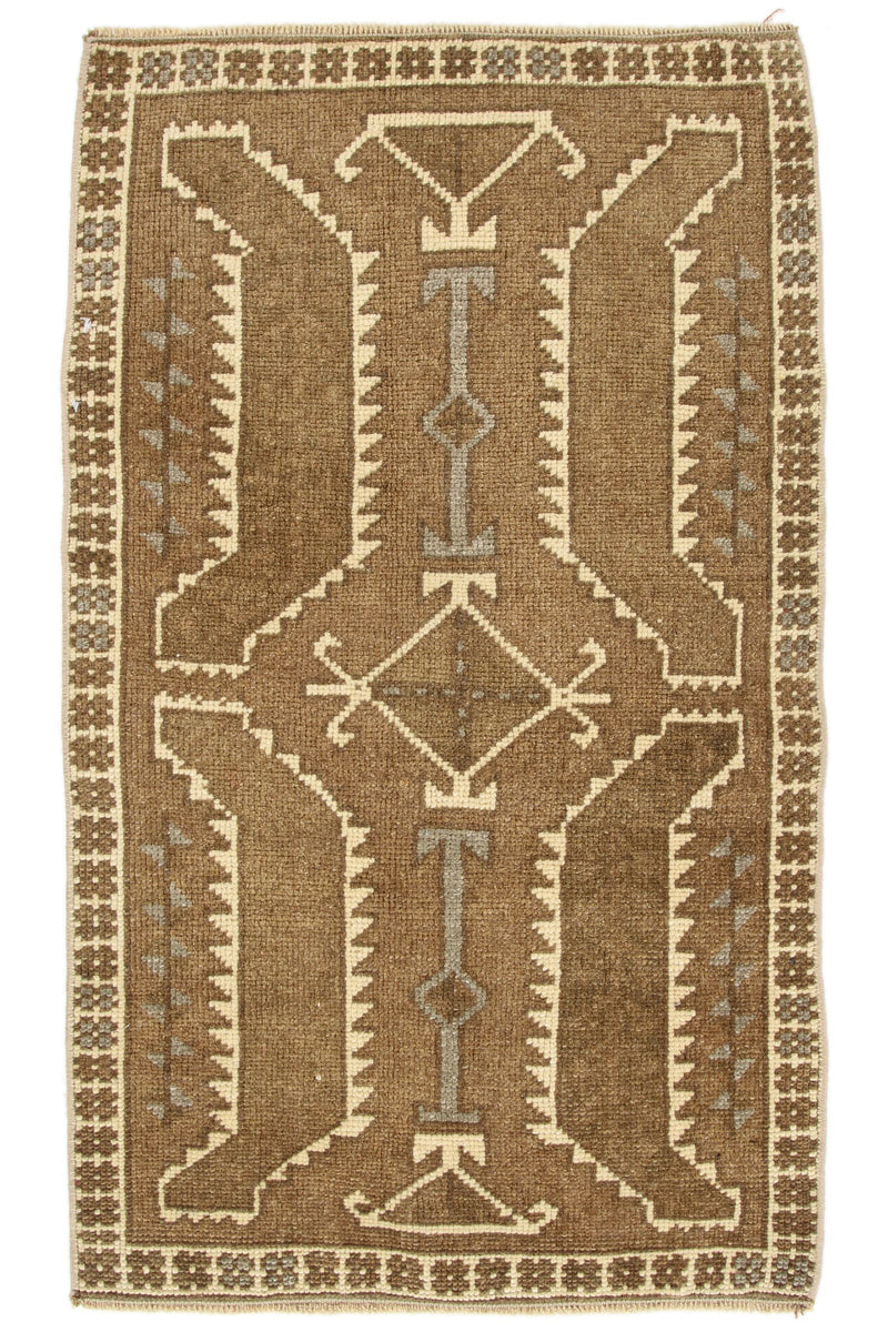 2x3 Brown and White Turkish Tribal Rug