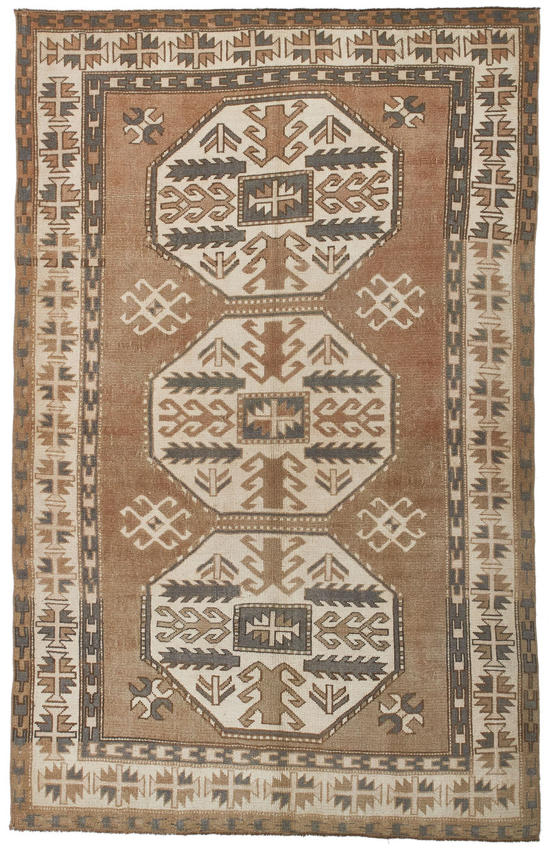 5x8 Beige and Brown Turkish Tribal Rug