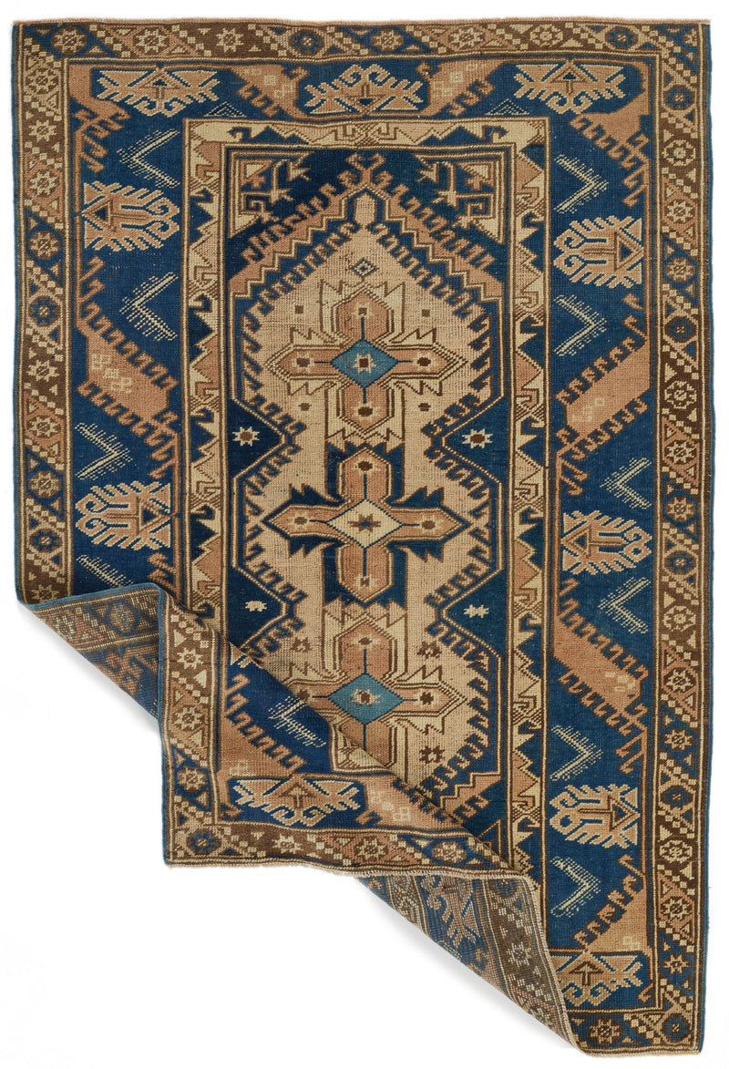 4x6 Blue and Beige Anatolian Tribal Rug