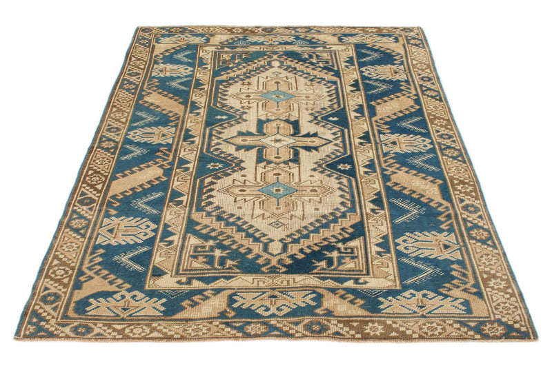 4x6 Blue and Beige Anatolian Tribal Rug