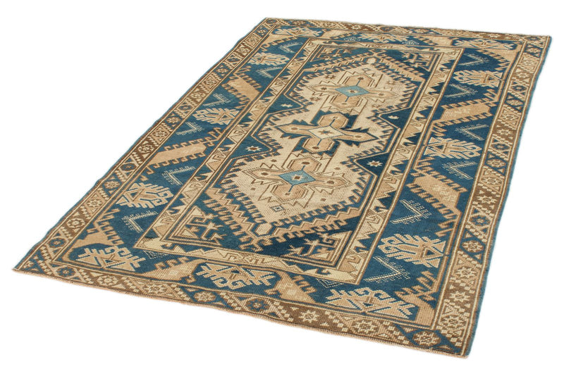 4x6 Blue and Beige Anatolian Tribal Rug