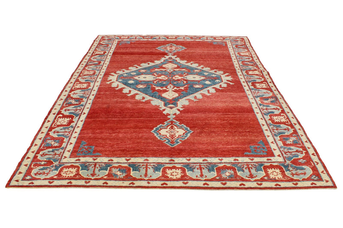 7x10 Rust and Blue Turkish Tribal Rug