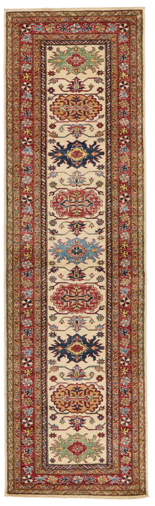 3x9 Ivory and Red Kazak Tribal Runner