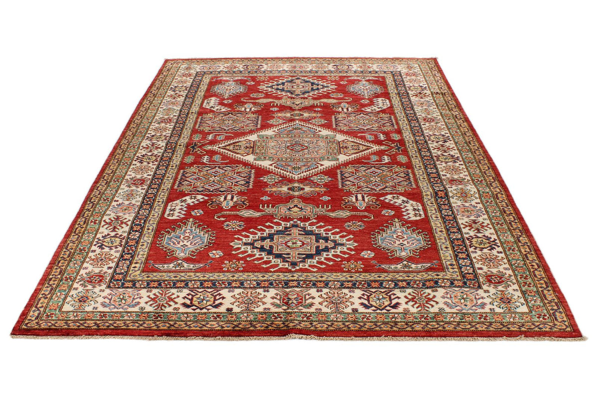 6x9 Red and Ivory Kazak Tribal Rug