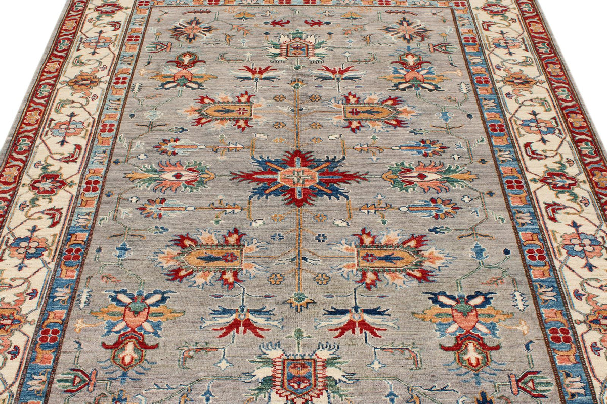 6x8 Gray and Ivory Kazak Tribal Rug