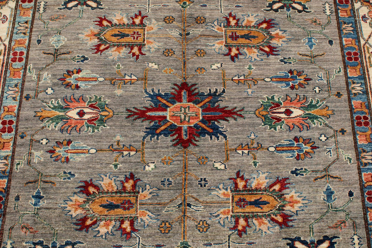 6x8 Gray and Ivory Kazak Tribal Rug