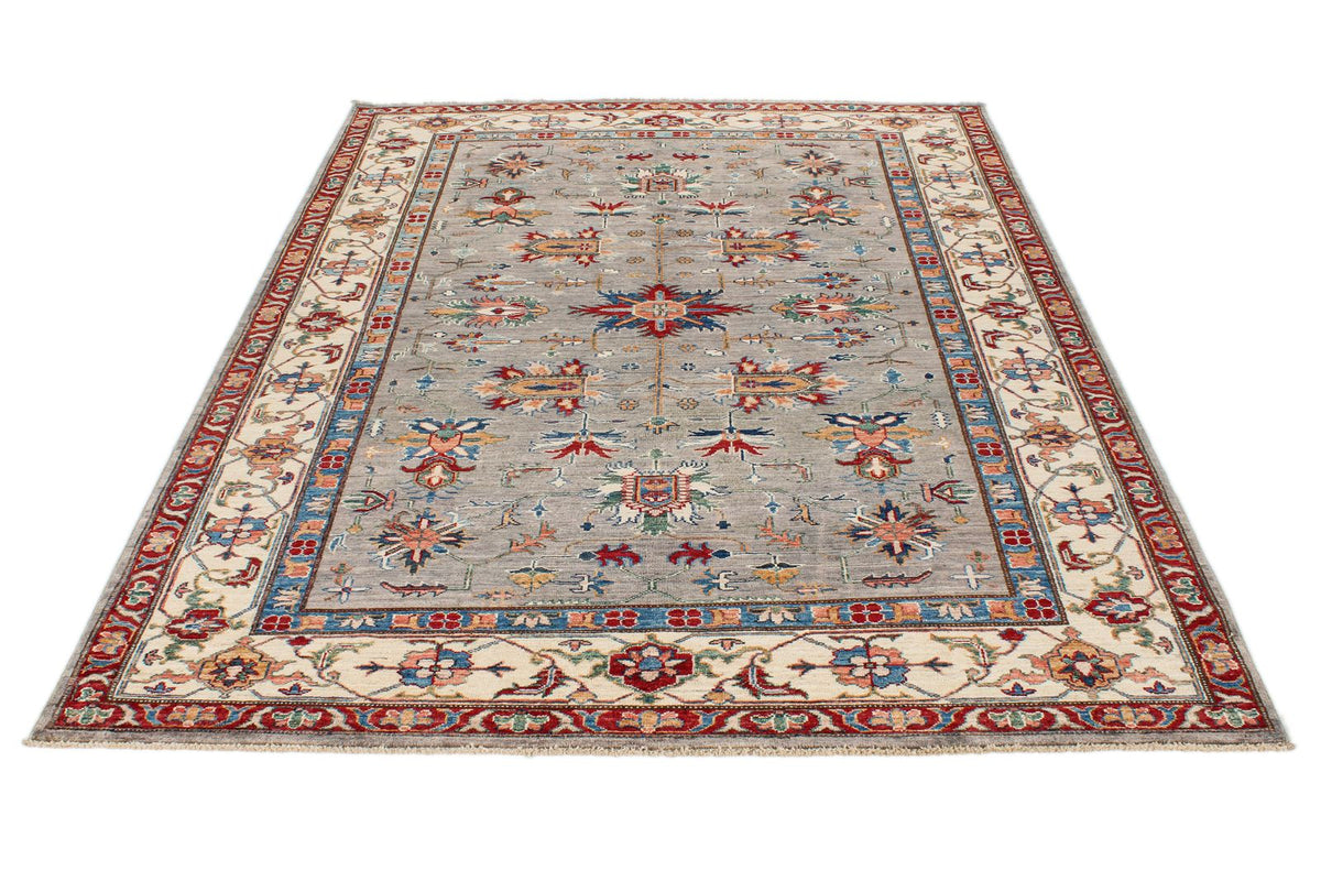 6x8 Gray and Ivory Kazak Tribal Rug