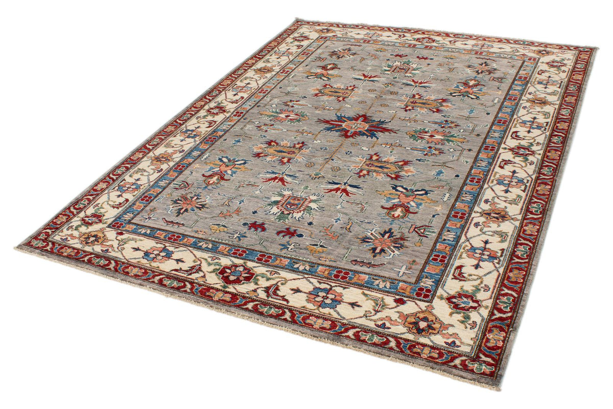 6x8 Gray and Ivory Kazak Tribal Rug