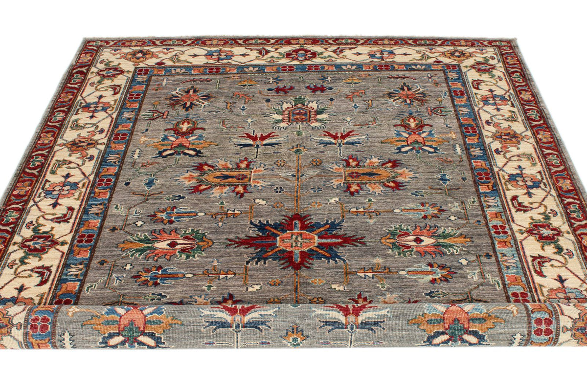 6x8 Gray and Ivory Kazak Tribal Rug