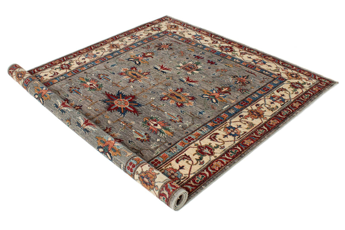 6x8 Gray and Ivory Kazak Tribal Rug