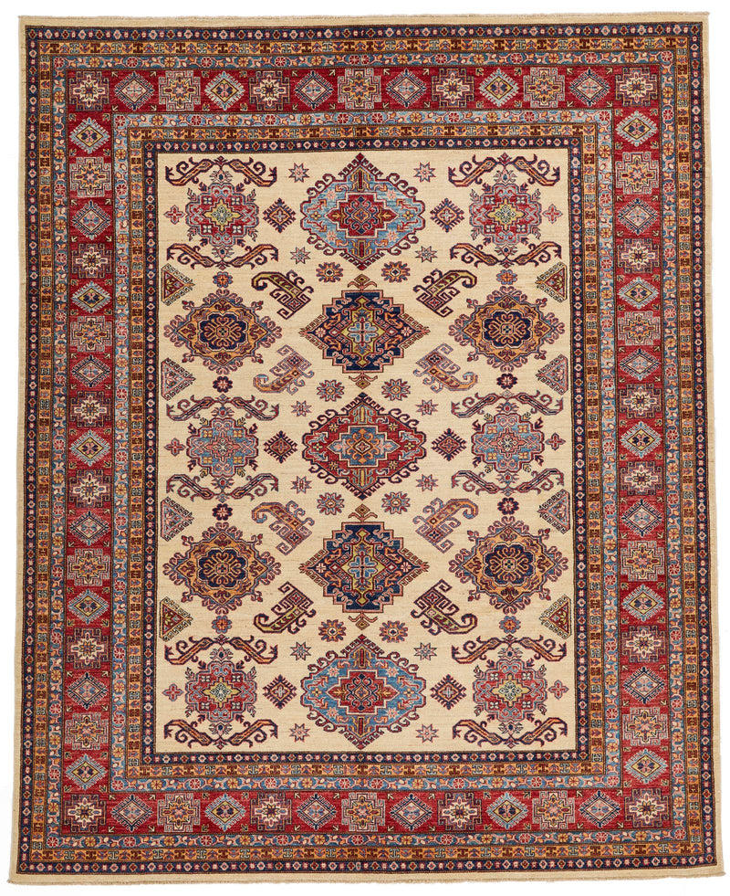 8x10 Ivory and Red Kazak Tribal Rug