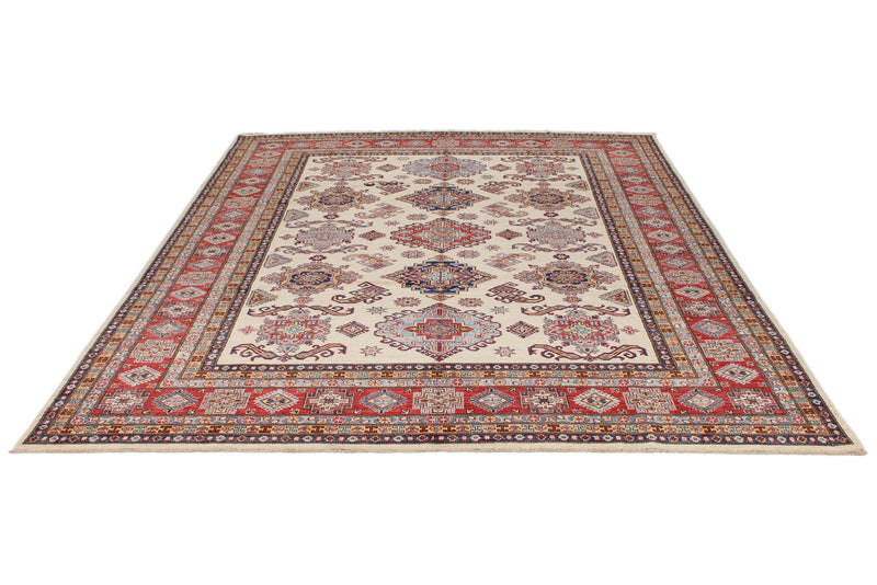 8x10 Ivory and Red Kazak Tribal Rug