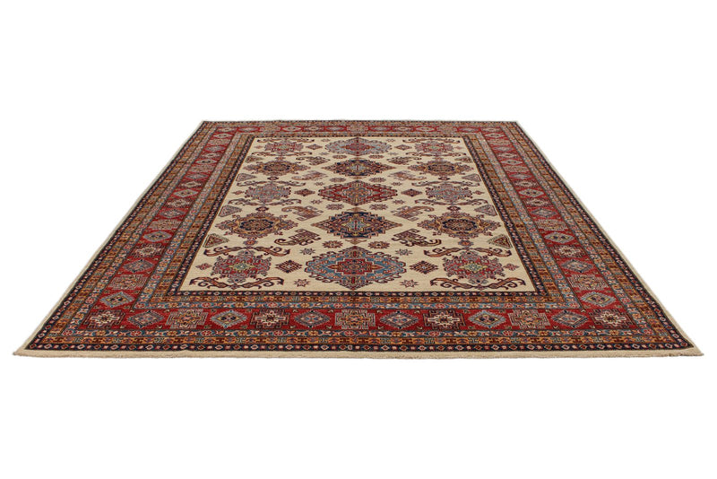 8x10 Ivory and Red Kazak Tribal Rug