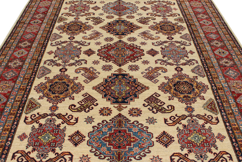 8x10 Ivory and Red Kazak Tribal Rug